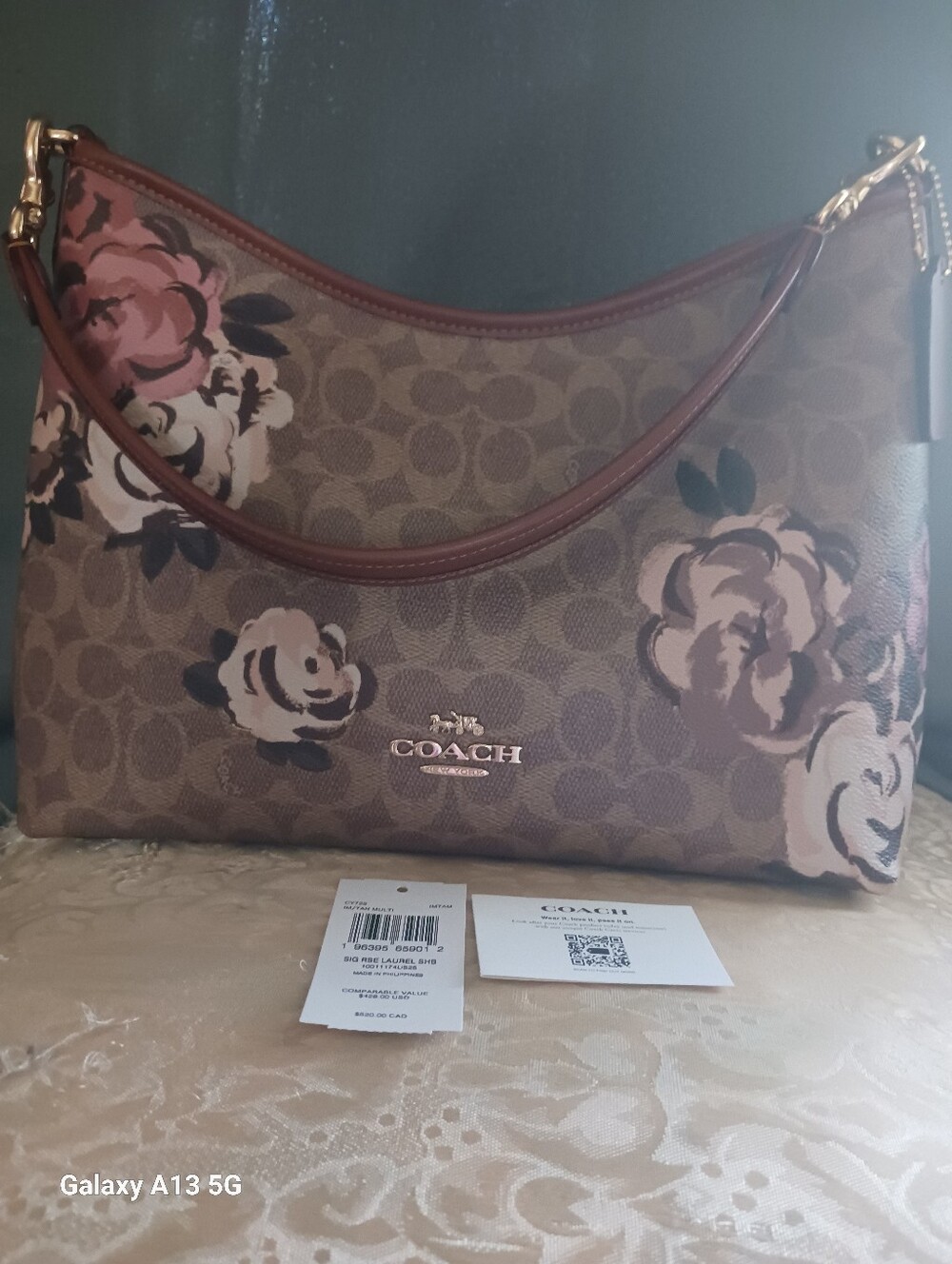 COACH Brown Signature Floral Shoulder Bag with Pink Accents